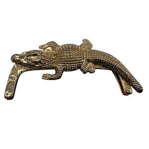 Vintage Gold Tone Alligator Crocodile Purse Frame Handle Hardware Large Statemen